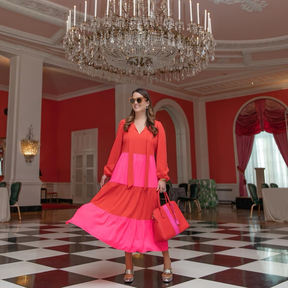 Sail to Sable x Style Charade Red and Pink tiered midi dress, size small